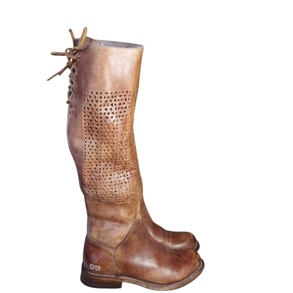 Bed Stu Cambridge Tan Brown Leather Cutout Knee-High Riding Boots - Picture 2 of 14